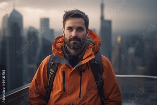 Portrait of a satisfied man in his 30s wearing a lightweight packable anorak over stunning skyscraper skyline photo