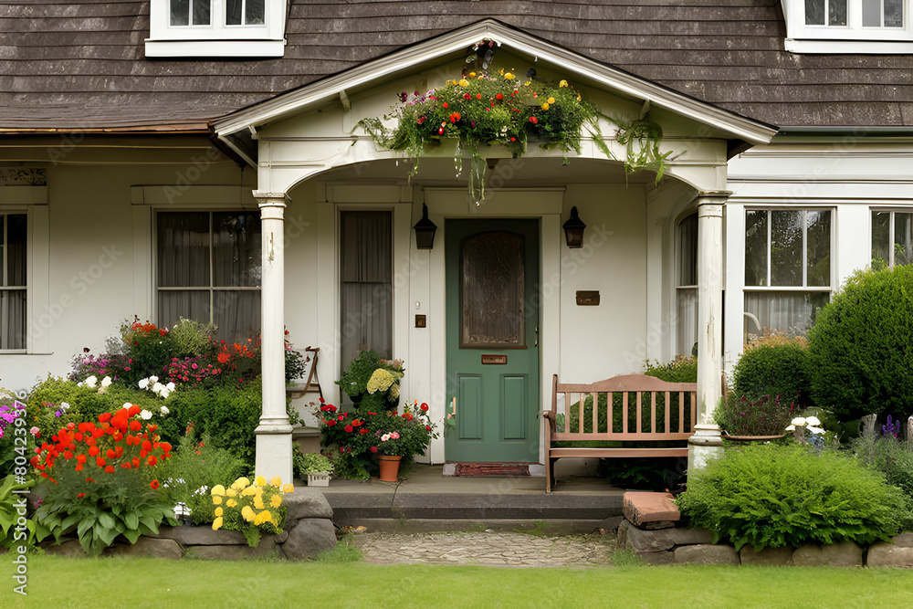 Small old house with entrance porch decorated with antique bench. Front yard has lawn and flower beds