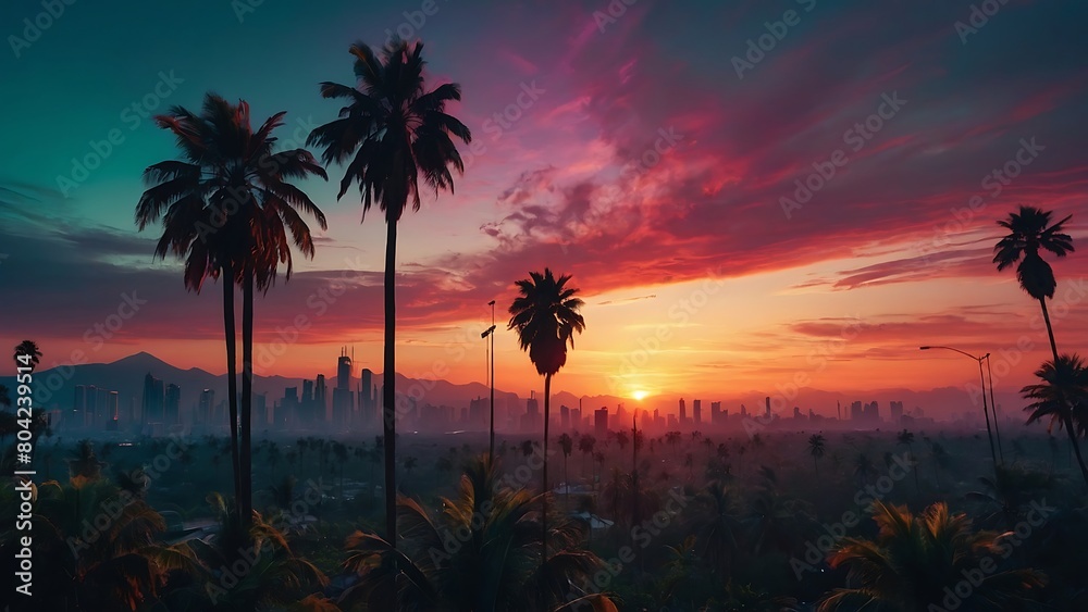 Obraz premium sunset on the beach Synthwave Sunset Retro-futuristic Cityscape