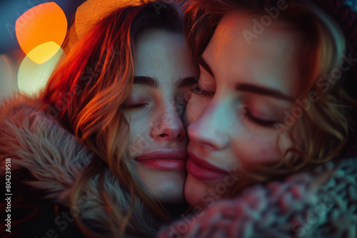 Expressive portrait of a lesbian couple embracing, parade colors blend softly in the backdrop. AI generated.