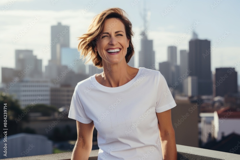 Portrait of a smiling woman in her 40s dressed in a casual t-shirt in front of stunning skyscraper skyline