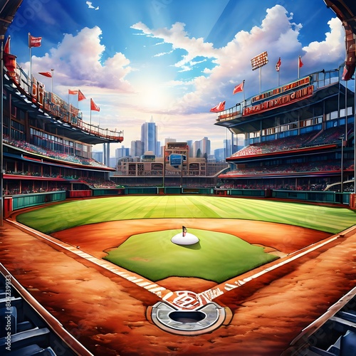 A colorful illustration of a baseball field