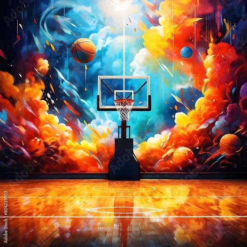 A basketball with colorful and vibrant splash background