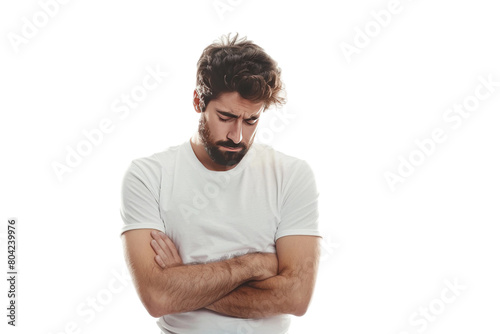 Depressed Man Alone with Crossed Arms and Bowed Head On Transparent Background.