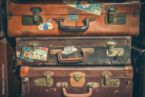 Stack of vintage suitcases with travel stickers