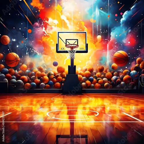 A basketball with colorful and vibrant splash background