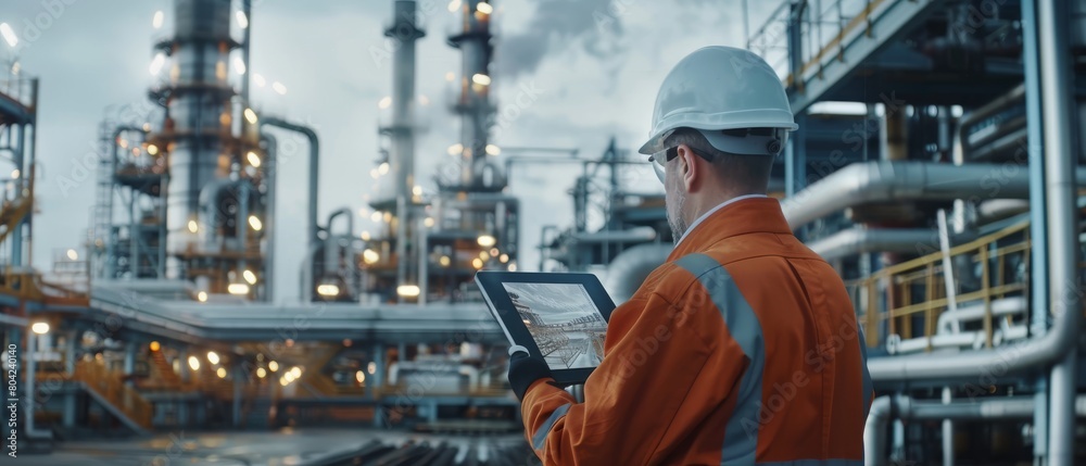 Industrial Engineer Uses Augmented Reality Digital Tablet to Scan Large Metal Construction, Special Effects Show Visualization / Digitalization of Oil, Gas, and Fuel Transport Pipelines. Industrial Engineer Uses Augmented Reality Digital Tablet to Scan Large Metal Construction, Special Effects Show Visualization / Digitalization of Oil, Gas, and Fuel Transport Pipelines.