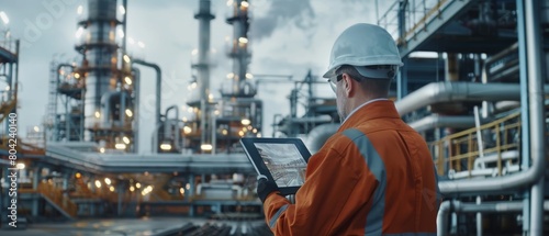 Industrial Engineer Uses Augmented Reality Digital Tablet to Scan Large Metal Construction, Special Effects Show Visualization / Digitalization of Oil, Gas, and Fuel Transport Pipelines.