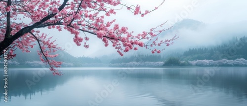 Tranquil morning at a mountain lake with cherry blossoms in bloom  reflecting a serene landscape perfect for peaceful and soothing scenes 