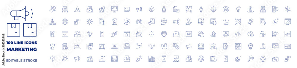 100 icons Marketing collection. Thin line icon. Editable stroke. Marketing icons for web and mobile app.