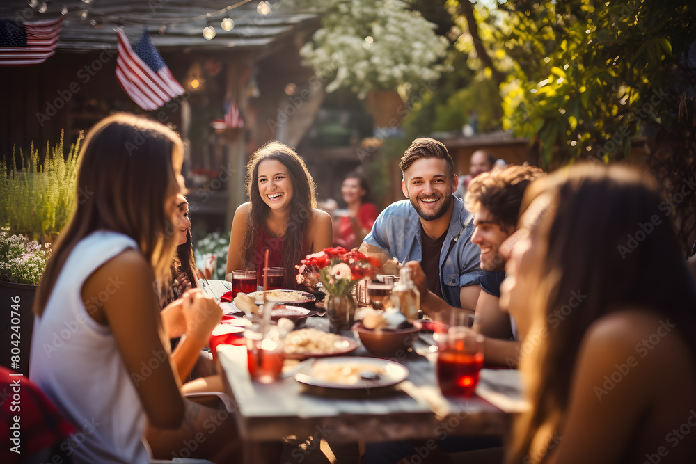 Multi-generation family having dinner outdoors on an American national holiday