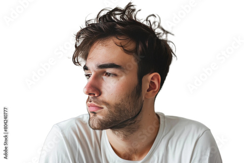 Depressed Man Alone with Distant Gaze On Transparent Background.