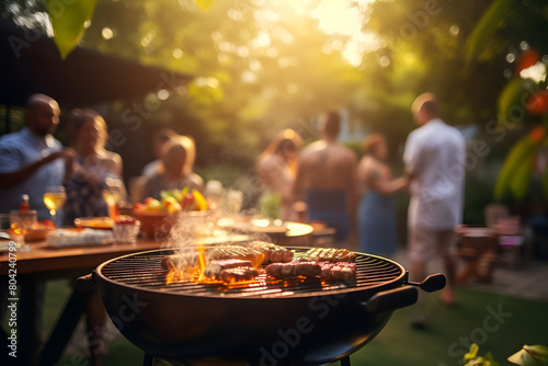 Cooking meat on barbecue grill at summer party and blurred lots of friends in background, birthday party of happy family outdoors celebrating.