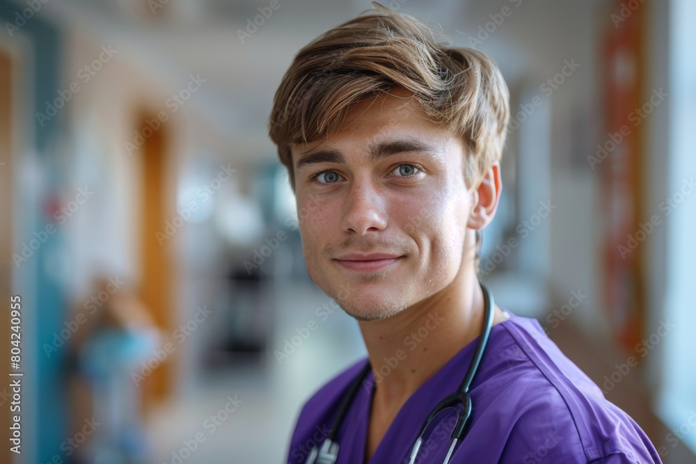 Young male doctor in purple scrubs, stethoscope around neck, blurred healthcare setting behind.. AI generated. Young male doctor in purple scrubs, stethoscope around neck, blurred healthcare setting behind.. AI generated.