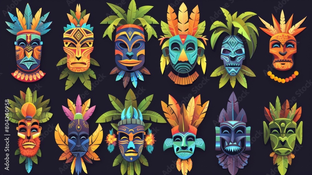 A cartoon collection of tiki masks decorated with feathers and leaves. Modern illustration set of a traditional wooden face from ancient cultures. An ancient culture ritual element. A cartoon collection of tiki masks decorated with feathers and leaves. Modern illustration set of a traditional wooden face from ancient cultures. An ancient culture ritual element.
