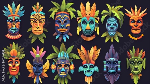 A cartoon collection of tiki masks decorated with feathers and leaves. Modern illustration set of a traditional wooden face from ancient cultures. An ancient culture ritual element.