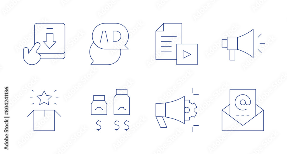 Marketing icons. Editable stroke. Containing top, download, chat, upselling, contentmarketing, marketingautomation.