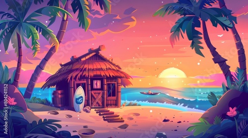 Cartoon sunrise summer ocean shore landscape with bamboo bungalow and thatch roof. Hawaiian cafe with cocktails and fruit drinks. Tiki bar with surfboard and palm trees at sunset. photo
