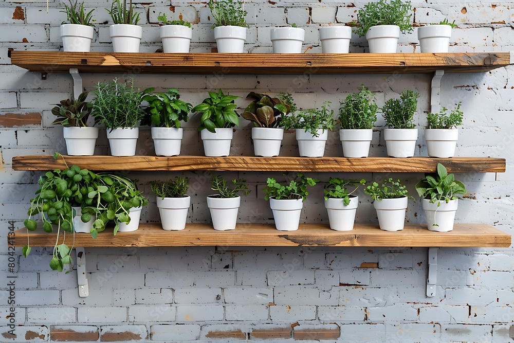 Rustic wooden display shelf showcasing glazed ceramic planters overflowing with healthy, aromatic herbs
