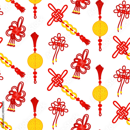 A pattern of red threads is tied into Chinese knots for good luck, amulets symbolizing prosperity. Threads, gold coins, amulets are scattered. Asian traditional materials in repetition