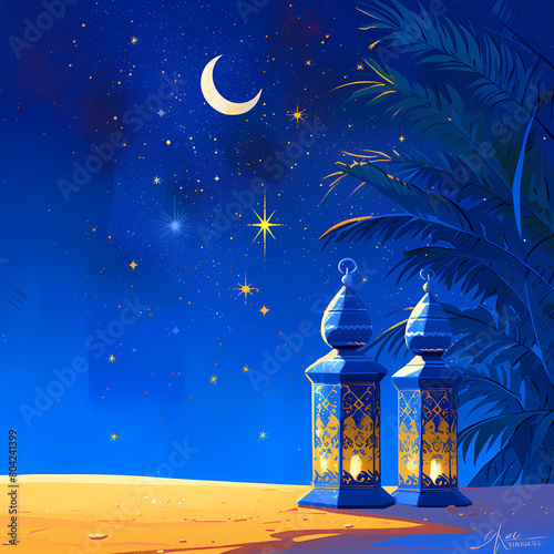 Warmly Illuminated Lanterns Cast a Stellar Glow in the Barren Desert Under a Starry Sky with a Crescent Moon photo