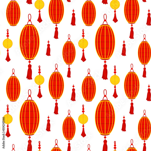 Pattern is a Chinese red paper lantern with golden amulets, reminiscent of cultural wealth and a festive atmosphere. A festive festival. A swollen lantern. Moon Festival. Seamless illustration