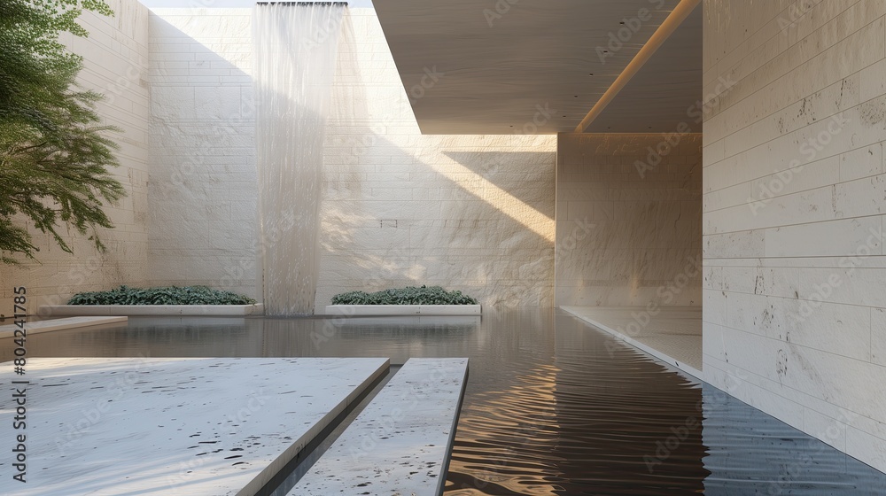 Obraz premium A minimalist entrance with a serene water feature and smooth stone walls