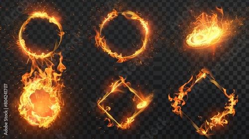 Modern illustration showing flames burning around orange circles and rhombuses on a transparent background. photo