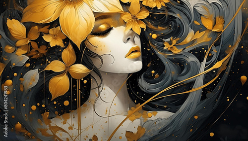 Wallpaper image of a beautiful woman's face among golden flowers. black and gold image. poster art with a girl. Generated AI