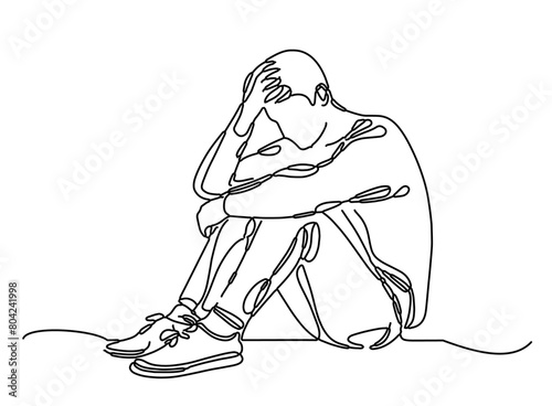 Continuous one line drawing of a sad man sitting on the floor and crying  deep thinking depressed solving problem editable line stroke illustration abstract drawing art