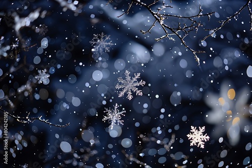 Scintillating confetti snowflakes adorn a frigid night sky.