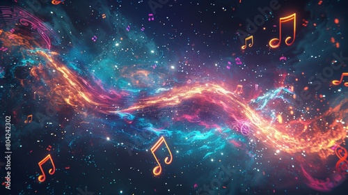 Sweeping cosmic currents adorned with vibrant music notes in a breathtaking stellar dance of colors