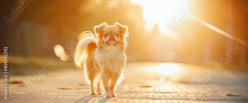 Cute and funny teenage Pekingese dog joyful. Best human friend. Pretty puppy dog in sunlight photo