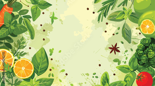 Composition with fresh herbs and spices on color ba