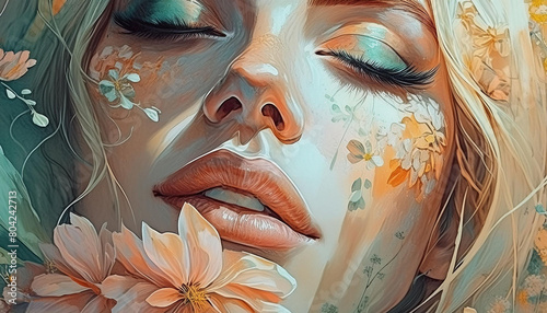 Wallpaper image in soft pastel colors of the face of a beautiful girl with closed eyes among spring flowers. AI generated.