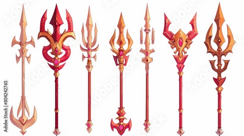 The magic red trident of Poseidon or Neptune for game UI level rank design in multiple stages of decoration and ornamentation.