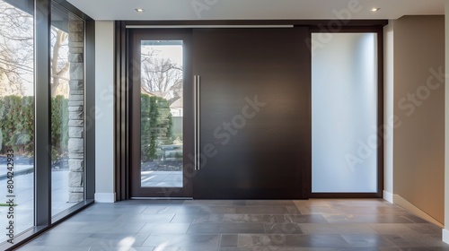 A modern entry with a large pivoting door in dark oak and a side panel of frosted glass photo
