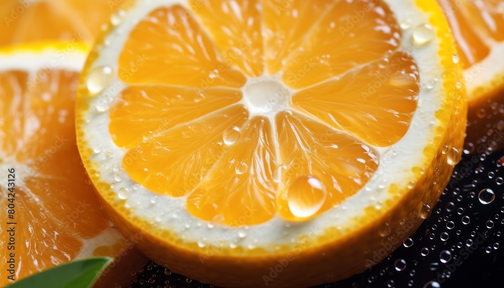 Close-up photo of a juicy orange slice with water drops on a black background. Close-up photo of a juicy orange slice with water drops on a black background.
