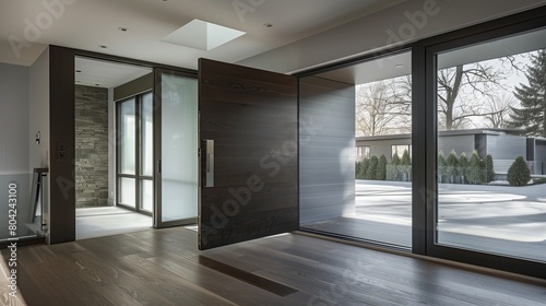 A modern entry with a large pivoting door in dark oak and a side panel of frosted glass