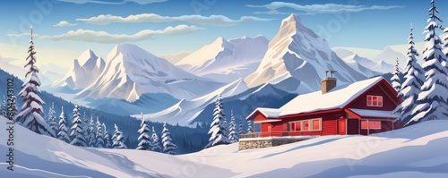 A winter wonderland of a snow-covered mountain landscape with a cozy cabin nestled into the side of a snow-capped mountain. photo
