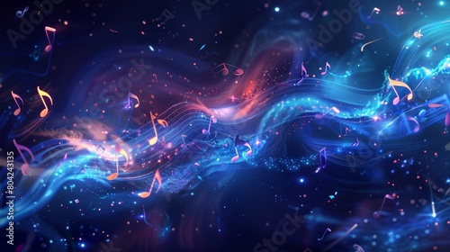 Cosmic symphony depicted through vibrant music notes and swirling staves in a mesmerizing space backdrop