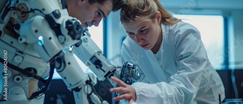 Chief Female Engineer and Top Male Scientist in Robotics Development Laboratory develop a bionic exoskeleton prototype. They design a powered exosuit to help disabled workers and hard workers.