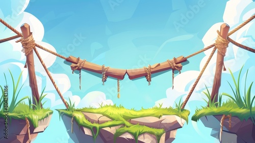 An old rope bridge with stones and green grass for the UX design of a game. Cartoon modern illustration set of wooden suspension dangerous risky footbridge straining over abyss. photo