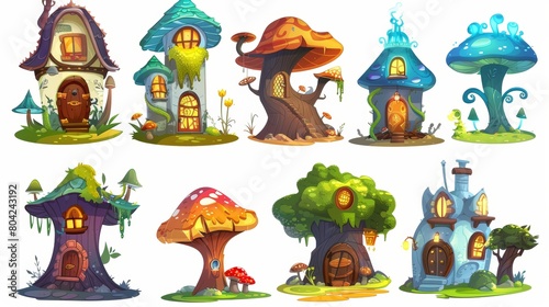An imaginary tiny house for elves or animals with windows, doors and a roof made up of mushrooms and tree stumps. Cartoon modern illustration set illustrating a magic fairy gnome home.