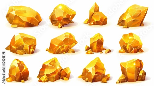 Gold nugget for mine and treasure in game UI design. Illustration of yellow shining precious stones. Gui assets of gold crystals.