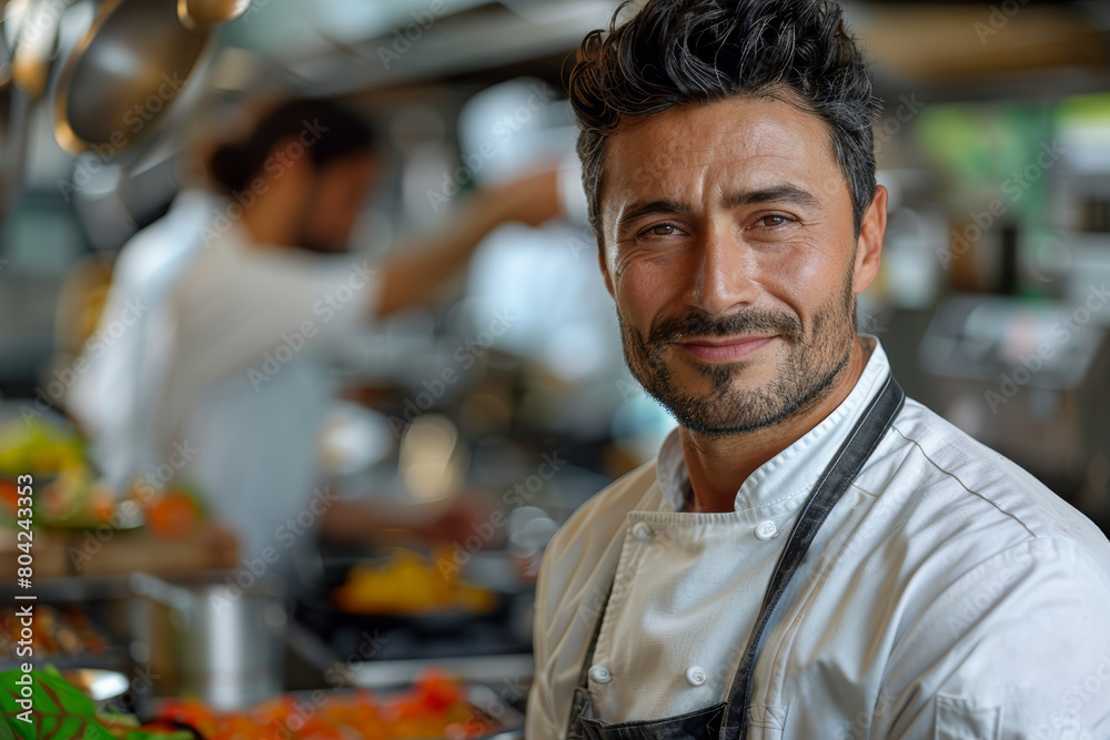 Culinary artist in white chef's coat, holding a tasting spoon, with a blurred kitchen scene behind them. AI generated.