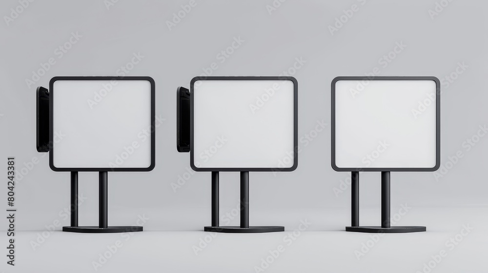 The set of 3D signboard mockups is isolated on transparent background and depicts rectangular wall lightboards, a blank white screen in a black metal or plastic frame, as well as outdoor advertising. The set of 3D signboard mockups is isolated on transparent background and depicts rectangular wall lightboards, a blank white screen in a black metal or plastic frame, as well as outdoor advertising.