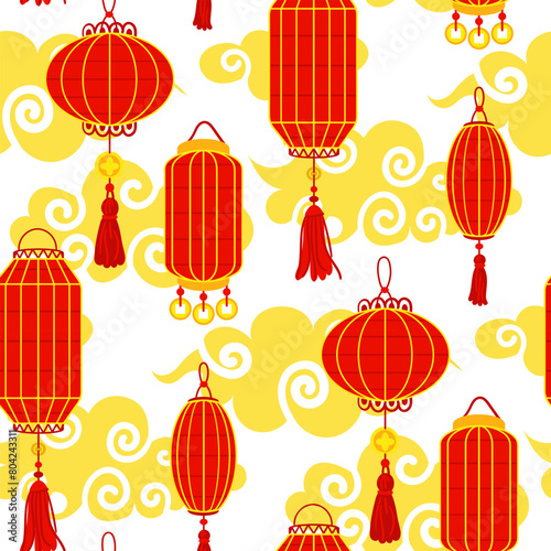 Pattern is Chinese red paper lanterns of different shapes with tassels on a background of clouds, cultural richness and festive atmosphere. A festive festival. The Moon Festival. Seamless texture
