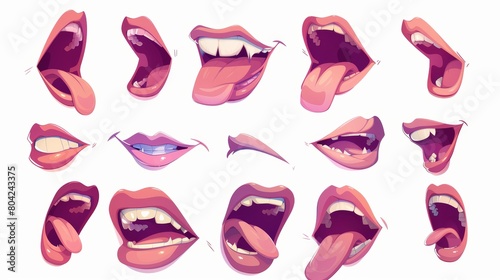 The mouth of a woman animation kit shows various positions of lips and tongue during talking and pronunciation of the English alphabet. Cartoon modern illustration set of young female character for