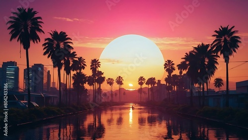 sunset over the river Synthwave Sunset Retro-futuristic Cityscape